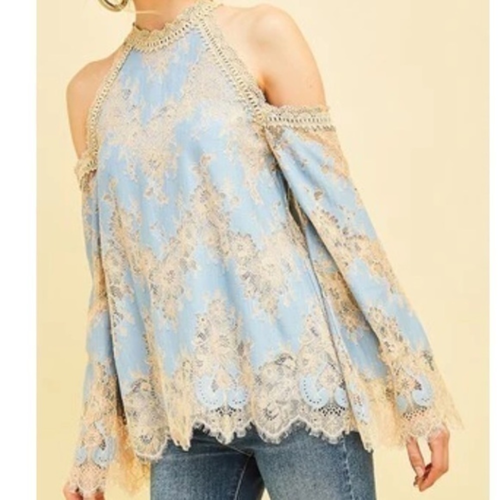 Vici  long sleeve top, blue beige lace, bell sleeve size S
